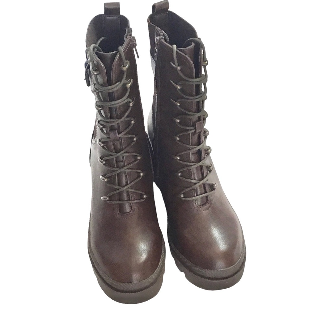 🆕TAHARI MELISSA Chunky Combat Ankle Boot Brown Vegan Leather Lace/Zip up Size-10 - Picture 4 of 16